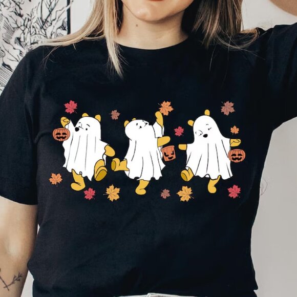 Tops - Cute Cartoon Ghost Shirt, Cute Fall Autumn Leaf Shirt, Spooky Season Tee